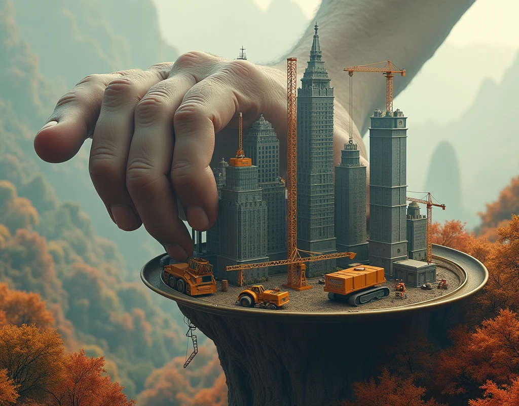 a gigantic hand holding a teetering bar tray, in fall , miniature skyscrapers, excavators and cranes on the tray, surreal, comical, hyperrealistic, cinematic lighting, highly detailed, photorealistic, 8k, award winning digital art