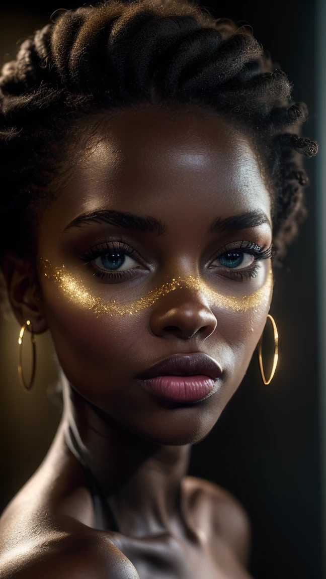 (((ultra realistic))) photo, masterpiece, superior quality, (((black skin))), (Visage et yeux ultra detaileds:1.3), 1 fille, adulte, (((africaine))), ((Maquillage pour les yeux, black mascara)), ((detailed labia majora)), ((cheveux longs bruns)), ((Chyolka)) , (big natural tits), slender waist. ((posing)), Photo shoot, studio (contour lighting), (The play of light and shadows), depth of field, bokeh, (attention particulière aux détails de la peau: 1.2), detailed skin texture, pores on skin. (Ambiance lumineuse du cadre. Gamme de couleurs - délicate, Glittering, Yellow tones), rd, ((grain de film)), ((des rayons)), (dazzle), ((photo from the top)) , ultra detailed,