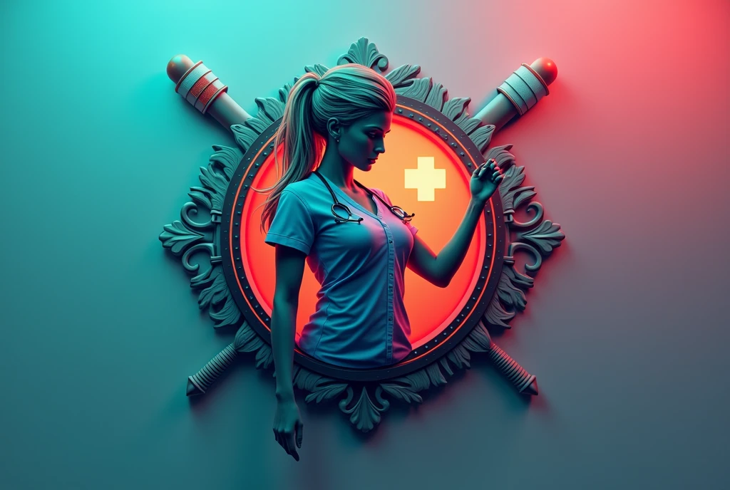 2d logo, glauber piva, medical cross icon, bandage, nurse silhouette, aggressive lines, dynamic colors, vibrant palette, blue green red, modern typography, monogram, 4k uhd, minimalist, high detail, masterpiece
