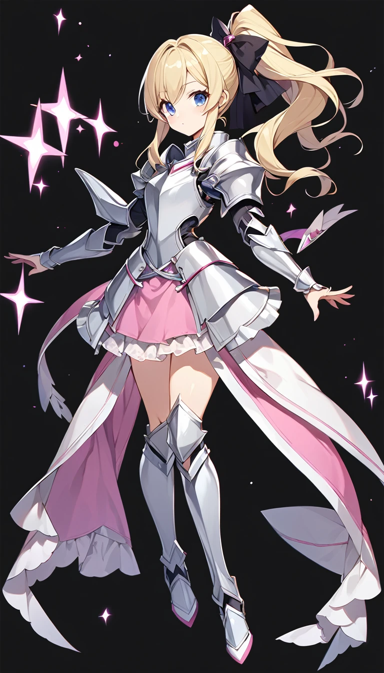 (((Full body image))),/(high resolution、detailed)/(Blonde、Middle Hair、Black Ribbon、ponytail、Blue Eyes、Woman in her 20s、Princess Knight、Silver Armor、Pink Skirt、Mischievous look)、No background、Only 1 person