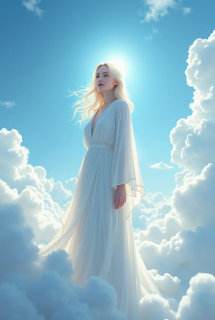 blue sky, with white clouds, and an angelic goddess
