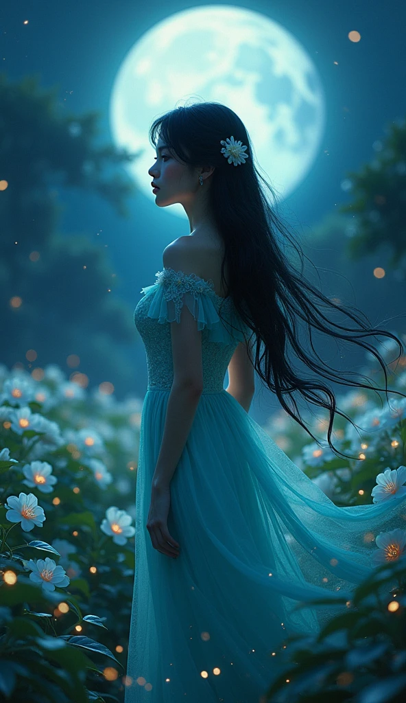 only one girl, long black wavy hair, blue eyes, standing far away, wearing a blue green dress with plumeria flowers printed, night time, fireflies, plantation of white plumeria flower, Sparkle, Silhouette, Accurate, Masterpiece, High Resolution,Hair Ornament, POV,myth