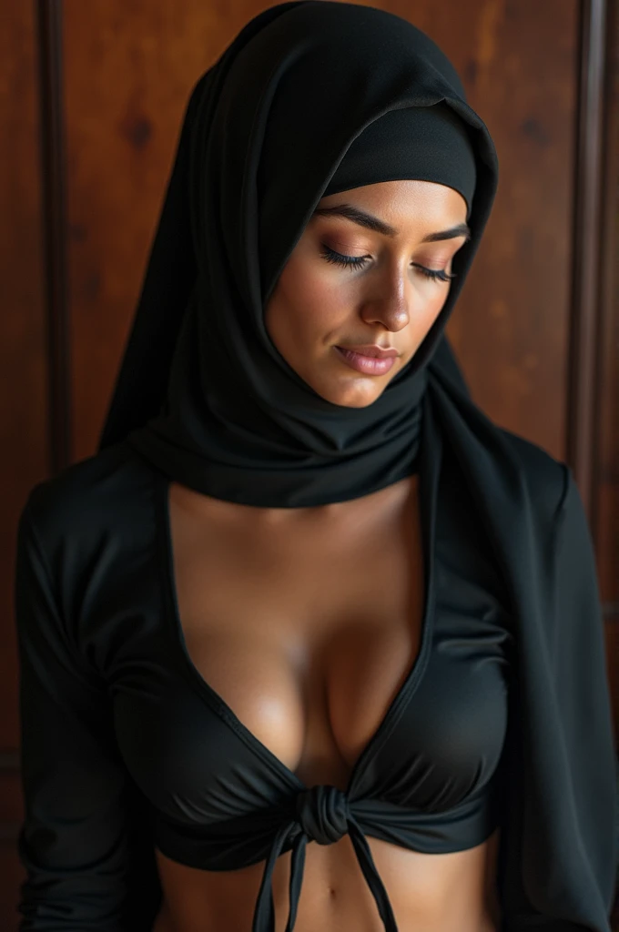 RAW photo,dark,moody,35mm focal lenght,underexposed,cold,candid photograph,artistic,full body,photo of a beautiful,influencer,30yo Moroccan woman, ,black hijab,detailed skin,naked, looking away from viewer, thick body structure,grey background,no background, candid pose,dim room,blue light, film grain, kodak color, instagram LUT