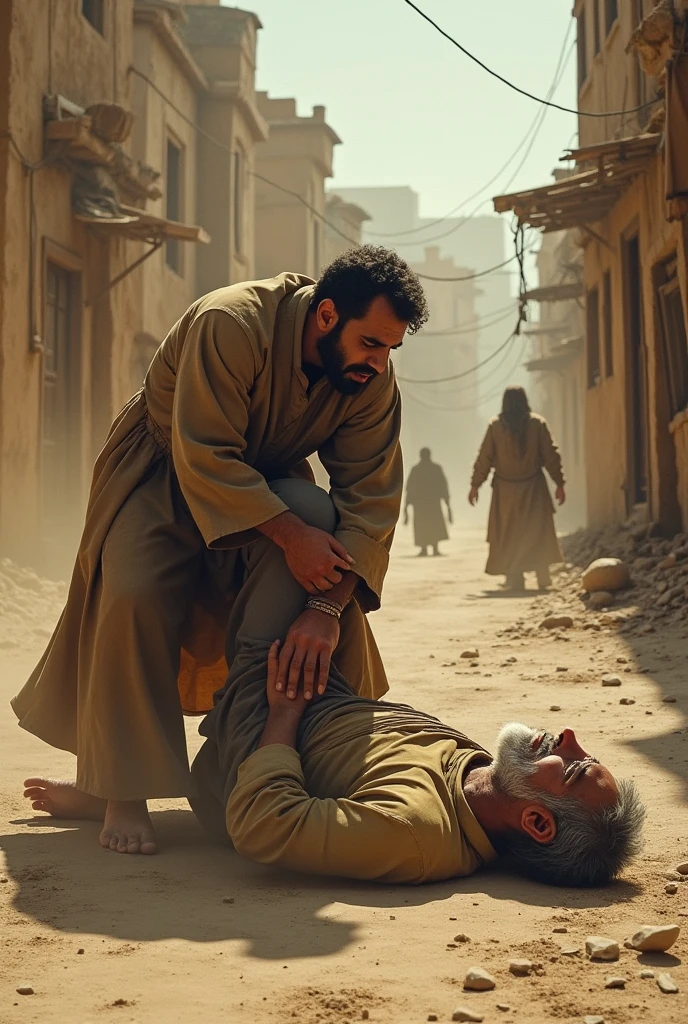In ancian dusty Arab city, a man grabbed grabbed his father by leg and dragging so remorsefully and father laid down crying.
