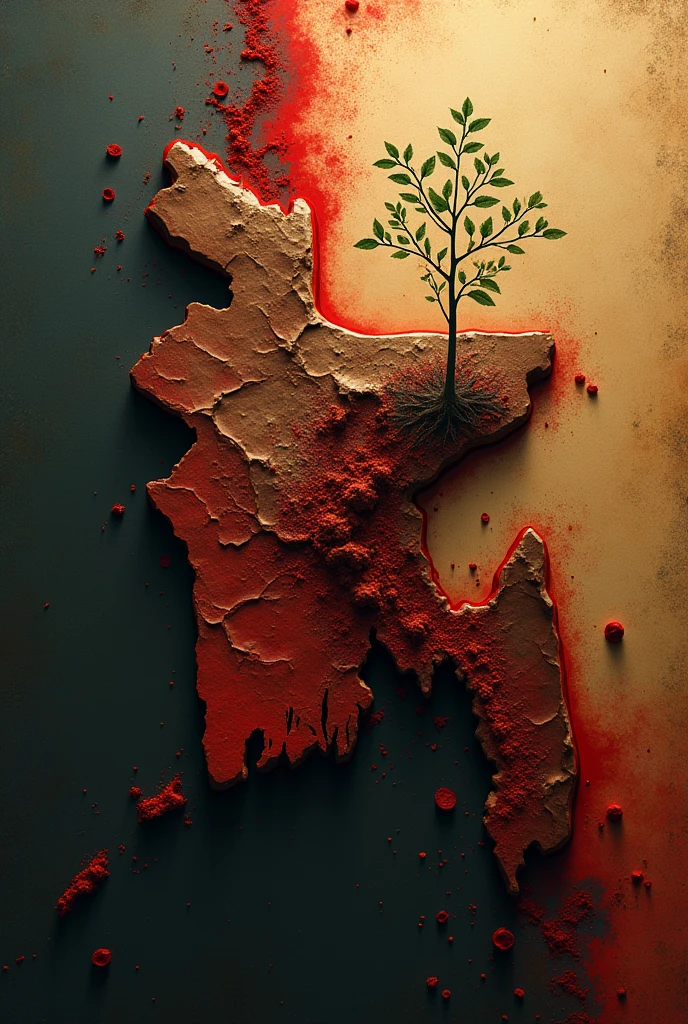 From the left side, the bloody map of Bangladesh is covered with blood on a tree sapling, and on the right, sunlight is falling on the sapling.