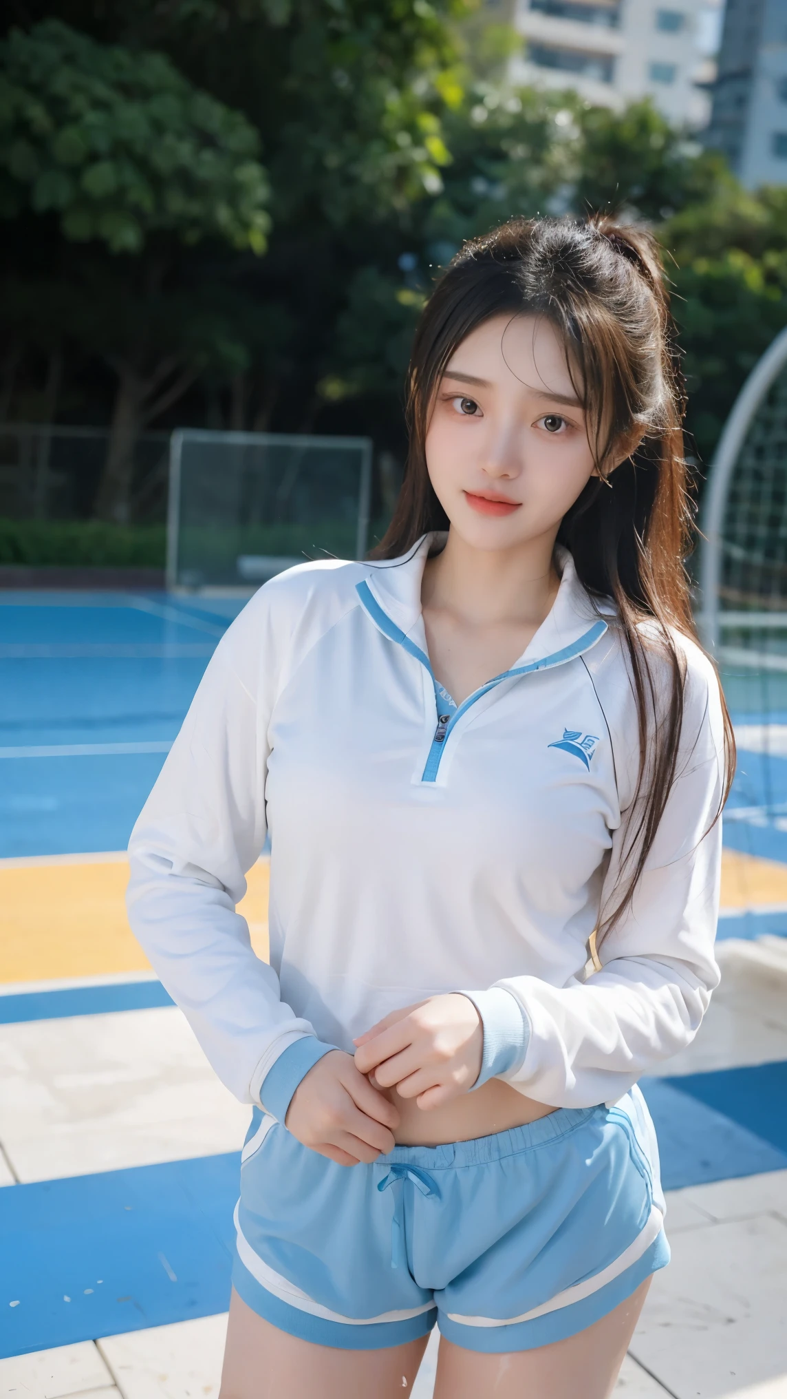 masterpiece, best quality, ultra-realistic, cute young woman, Korean idol, medium big breast, wearing a wet school sports uniform, white and blue tracksuit drenched in sweat, wet hair sticking to her forehead, drops of sweat on her face, holding a basketball, standing in a gymnasium, (wet body), natural expression, full body shot, bright and dynamic lighting, soft shadows, clean and well-organized gym environment, detailed facial features, smooth skin with a subtle sheen, athletic and exhausted pose, tired but satisfied smile, 85mm lens, medium shot, depth of field