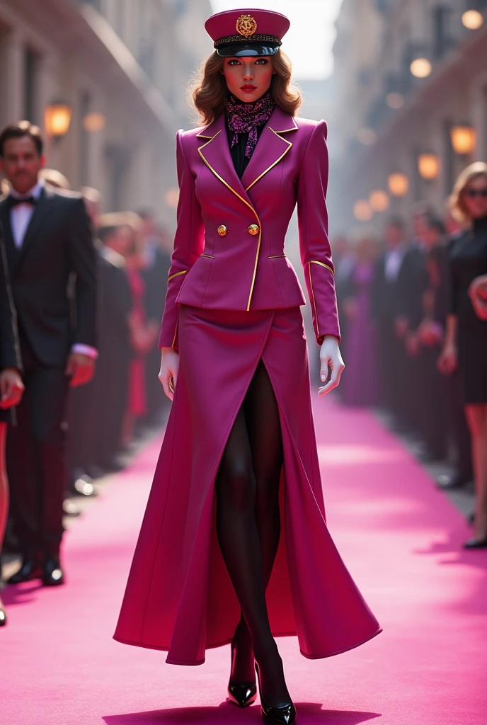 Long sleeve blazer and skirt with slit on the left leg in magenta and white with gold details, white gloves, black tights and black heels with hat and scarf