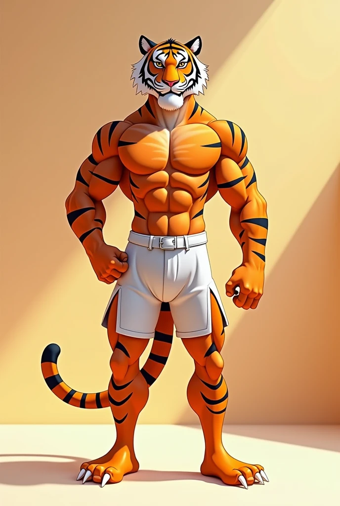 Animation style male tiger wearing transparent shiny high rise shorts with slits down hipsflat colored simple lines no gradient