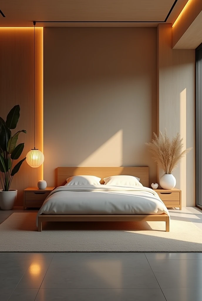 There is a bed with a wooden headboard ,serene and peaceful style room, bedroom interior,  luxurious environment, realistic physics rendering, naturallight , modern and minimalist, warm ambient light, Soft lighting color scheme, warm interiors, warm interior, Interior design, Gray floor , 