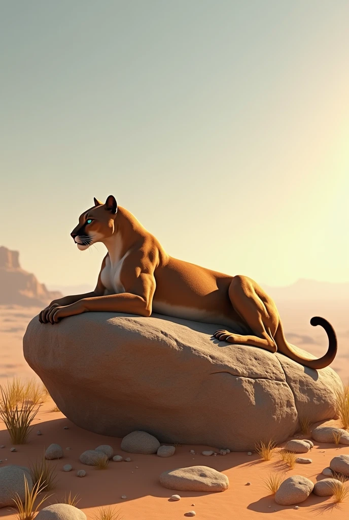 A graceful panther lies at ease on a large stone, the gaze is directed far to the horizon of the desert