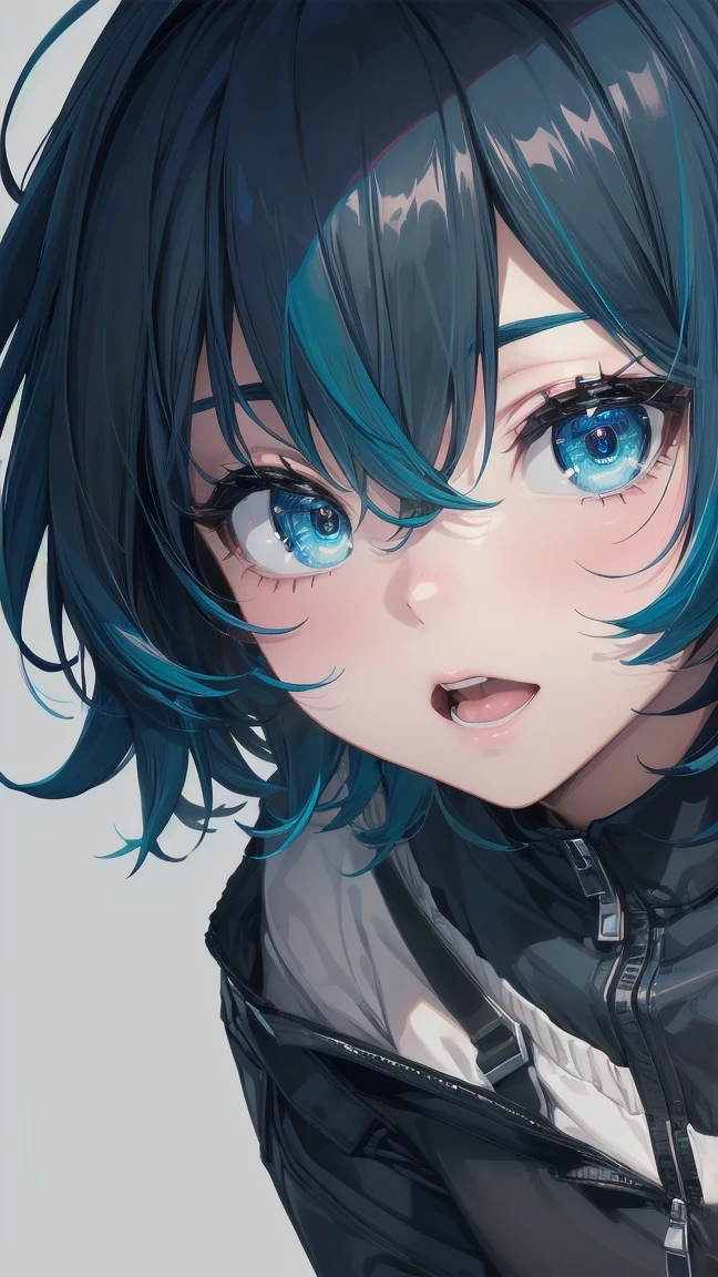 Close-up of a manga girl with blue hair and a yellow shirt, 2D Animation, 2D Animation style, 2D Art, 2D Art, 2D from Gorillaz, 2D from Gorillaz, 2D Gorillaz, Screaming Cerket, 2D Sprite, Jinx Face, short hair, Small breasts, hot pants, ((Black Hair, Inner bright blue hair:1.4))