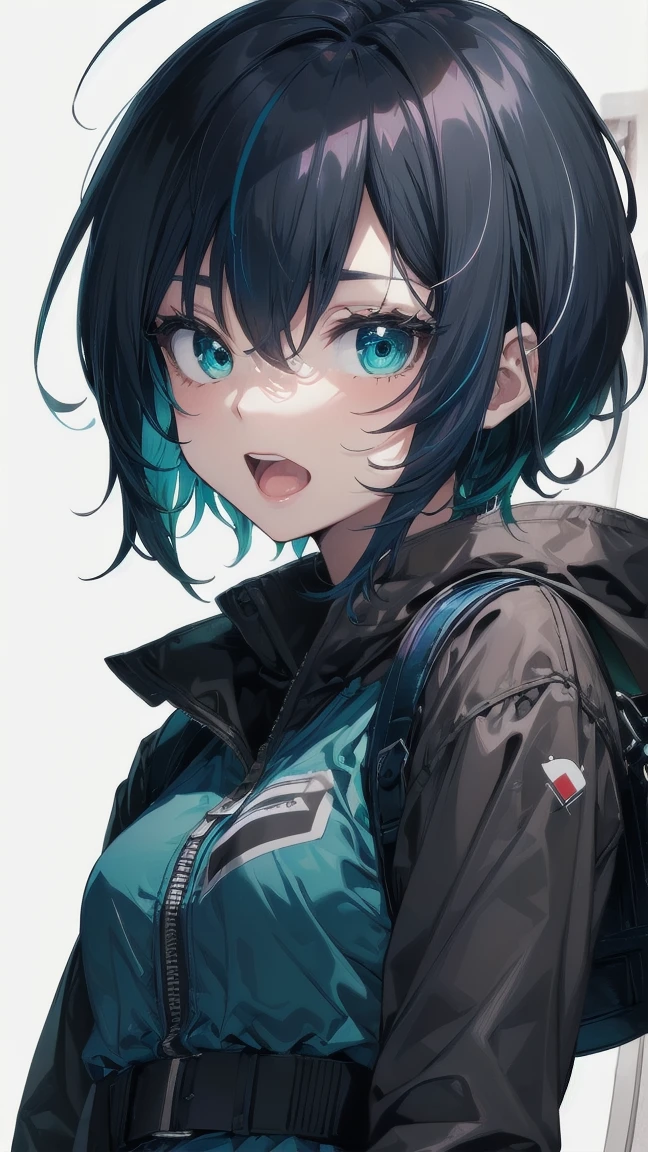 Close-up of a manga girl with blue hair and a yellow shirt, 2D Animation, 2D Animation style, 2D Art, 2D Art, 2D from Gorillaz, 2D from Gorillaz, 2D Gorillaz, Screaming Cerket, 2D Sprite, Jinx Face, short hair, Small breasts, hot pants, ((Black Hair, Inner bright blue hair:1.4))