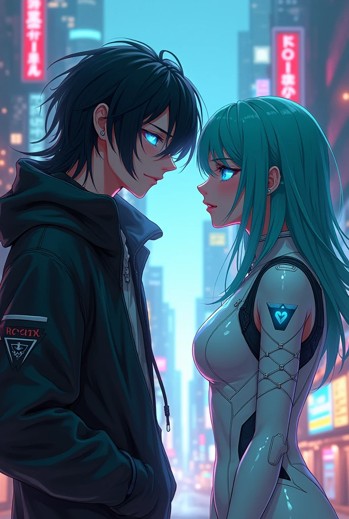 Generate me a anime 18years old boy with long black hair and a little glowing blue eyes with a hoodie in with a cyber girl with green-blue hair and wearing white cyberpunk suit in cyberpunk anime art style