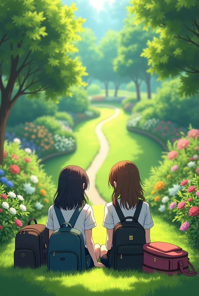 2 student site in garden with school bag
and face front side and give me pic back side