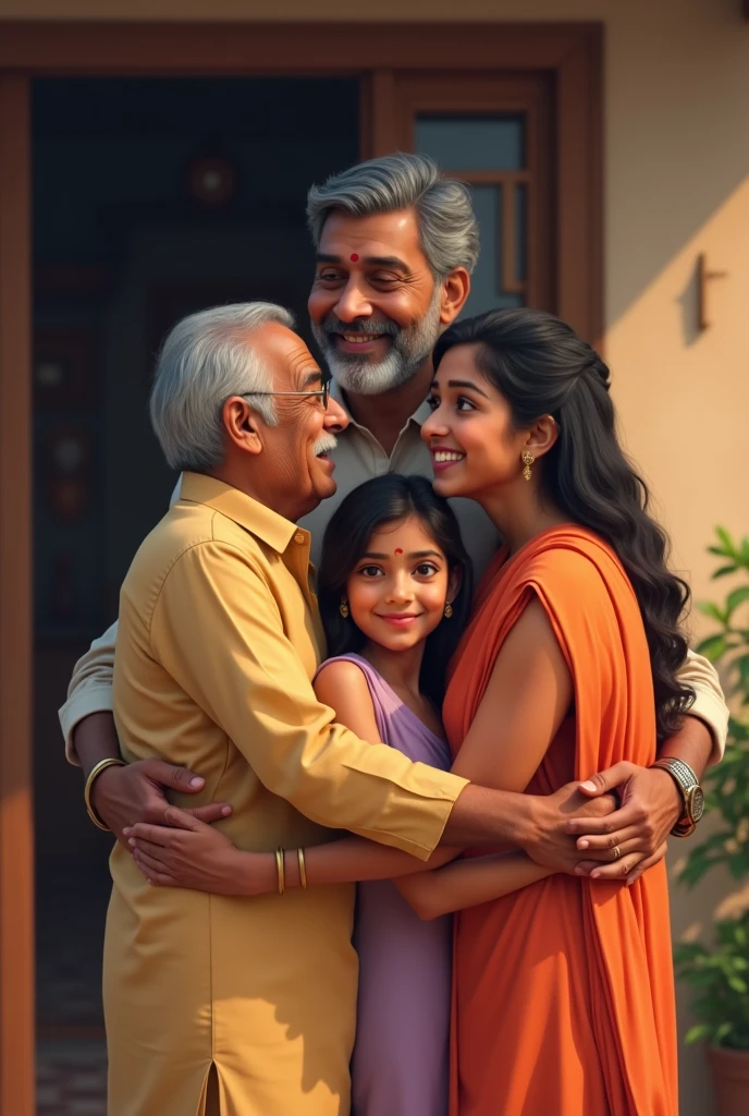 An Indian man hugging his parents and his 2 sisters