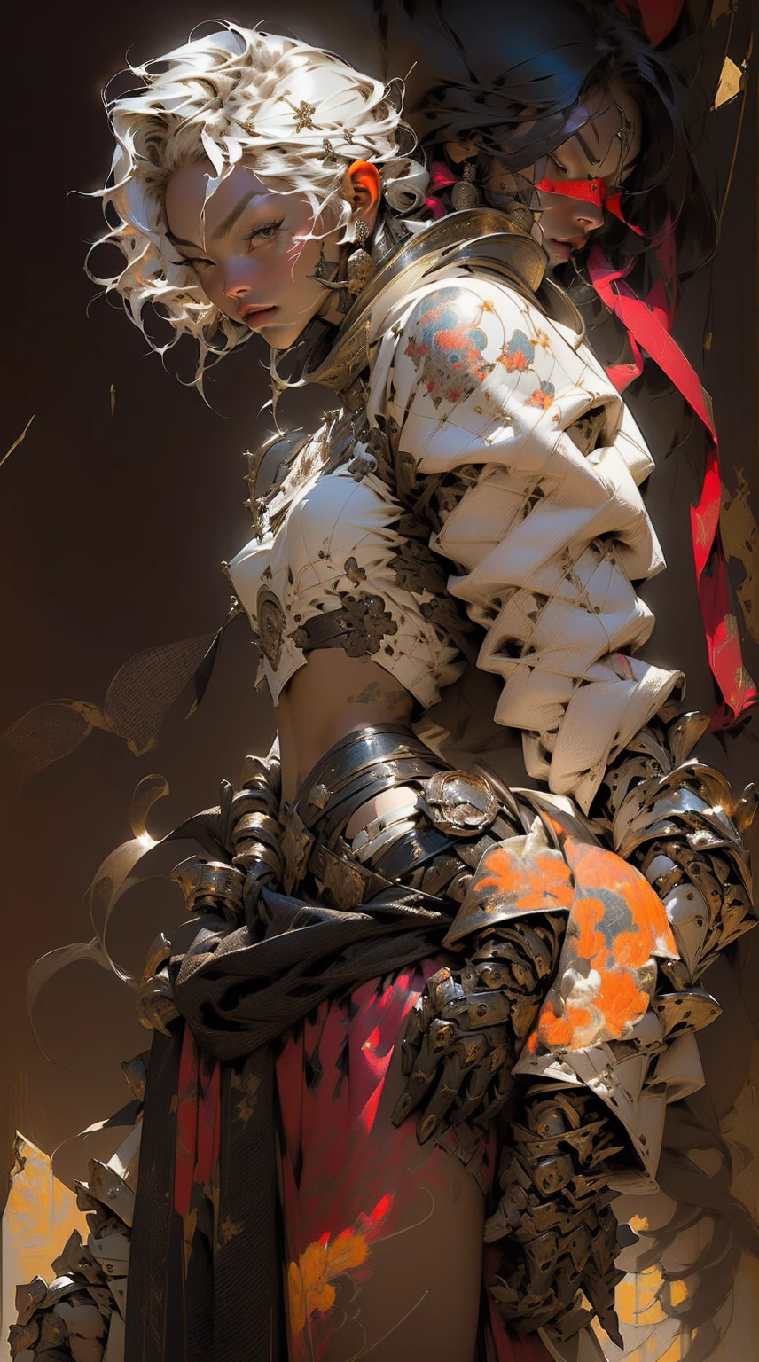 (((woman))), (((best qualityer))), (((tmasterpiece))), (((AS-Adult))), ((( Japanese ))), Look up from your knees, A beautiful asian samurai woman with perfect body, Modern samurai, ((( Asian))), Wear gloves on your hands,The left arm is made of steel and metal tips,Made of protective devices, The eyes are pulled, (( Appears below the breast )), (( Small dental floss )), Simon Bisley, Almost naked(Simon Bisley)Castle City Wilderness,For high-resolution posters, hair straight, Minimum clothing, armure (Crazy clothes ), Full of tips and rivets, tribal tattoos, (((full bodyesbian))), Straight brunette hair,Colored hair ends