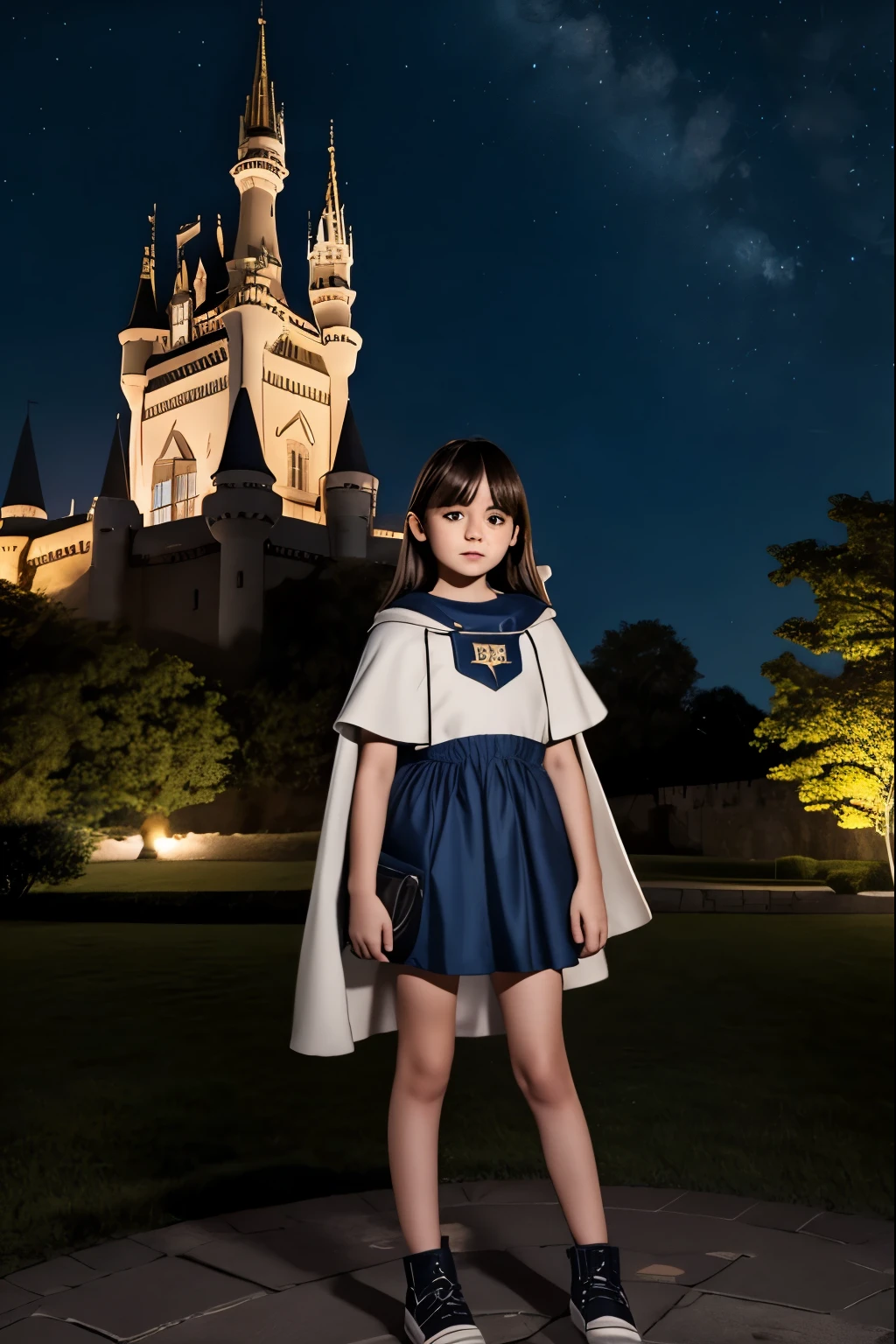 night sky, castle,  1girl, standing, solo, full body, , maribe, puffy short sleeves,  cape, bag