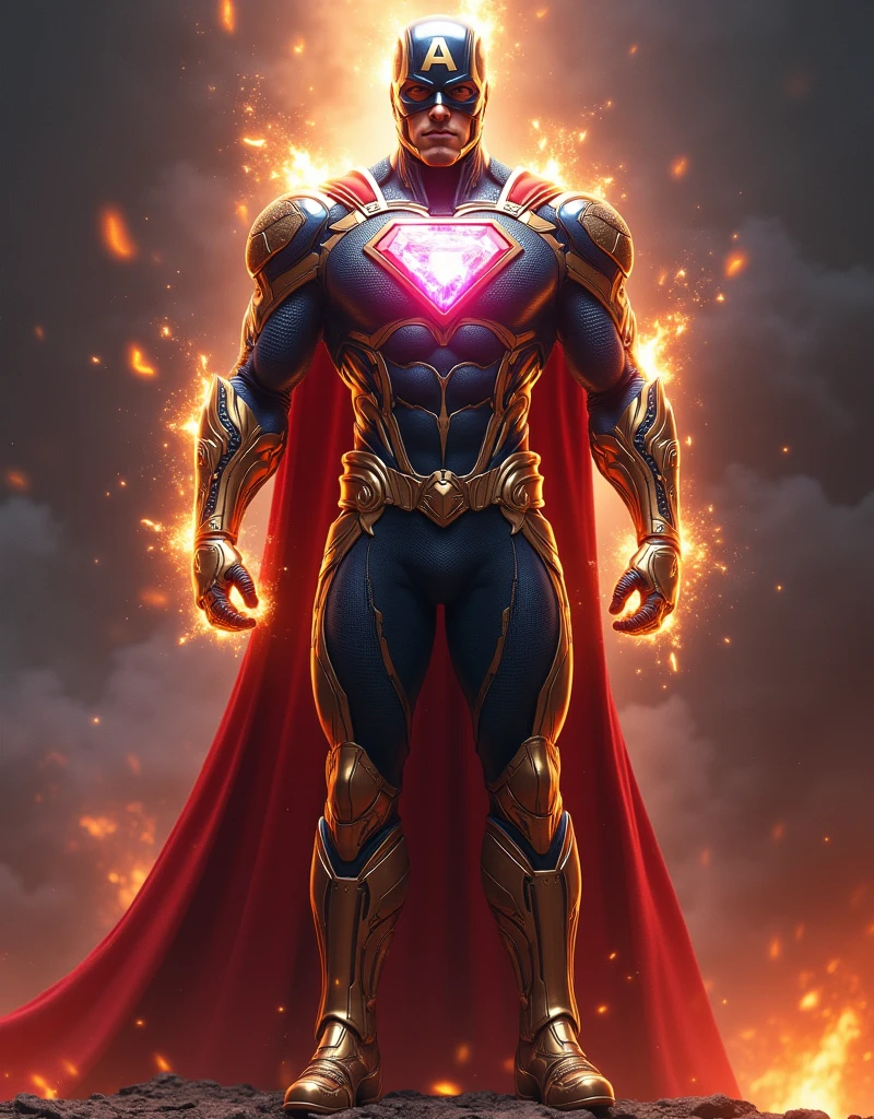 Captain America wearing a super man hyper realistic carechter sleek elegant armor, radiant metal, intricate detail, celestial infernal asthetics, runes and sigils, central crystal core, pulsing energy, multicolored light, prismatic glow, muscler body