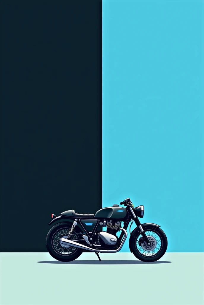I want an image of a motorcycle in minimalist style, divided vertically into two colors. The motorcycle must be black vintage style with bright blue details., and the background should be divided into dark black on the left and strong light blue on the right. The illustration must have a flat and simplified design, without realistic details or much relief. Big motorcycle in the center of the image