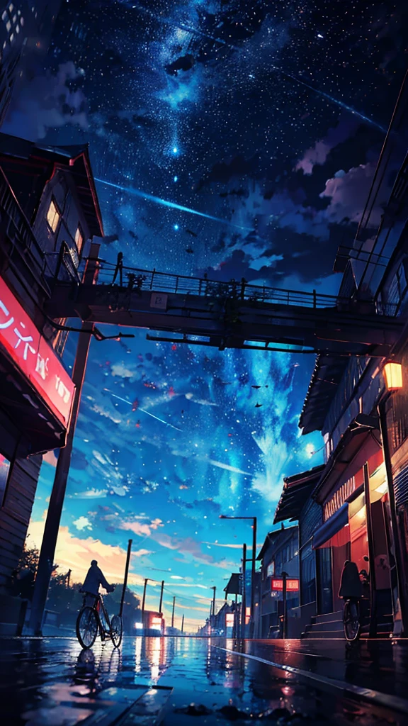 station、home、There is a bicycle parking lot with many bicycles parked.、appear、train、Urban townscape、anime, プラットhome, the stars, , the milky, the stars, the, cosmic skies. by makoto shinkai, anime sky, anime art wallpaper 4 k, anime art wallpaper 4k, anime art wallpaper 8 k, amazing wallpaper, Panorama、Ultra Wide Angle、Ultra-wide range、