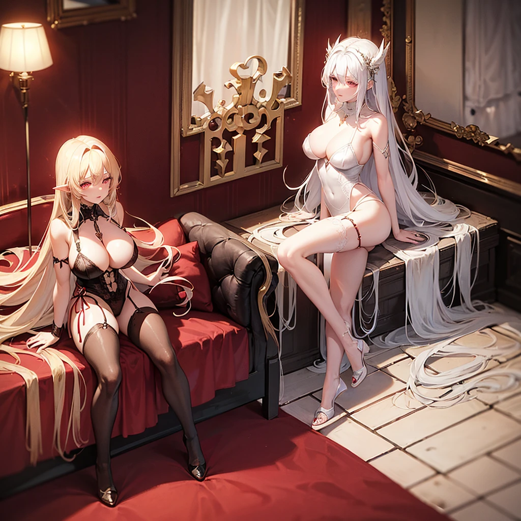 a sexy demon woman with long silvery blonde hair with crimson-red eyes and a gothic pin up lingerie and cuddling with a light skinned angel woman with long, wavy brown hair and emerald-green eyes, white turtleneck lingerie