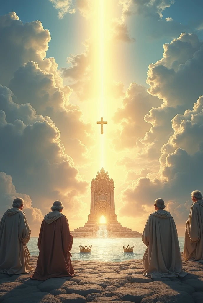 An immense and resplendent sky, where white and blue clouds intertwine in a heavenly dance. Rays of bright golden light filter through the clouds, creating an aura of divinity and hope. In the center of the scene, a luminous presence is glimpsed, a resplendent throne suggesting the divinity of the LORD. A constant flow of crystal-clear water emanates from the throne, symbol of life, purity and renewal. The light emanating from the throne illuminates the entire environment, bañando a old men en una cálida y reconfortante luz, old men, dressed in simple and humble clothes, They kneel before the throne with careful gestures, They place their crowns at the foot of the throne, It symbolizes the renunciation of one's own ambitions and total surrender to the divine will.