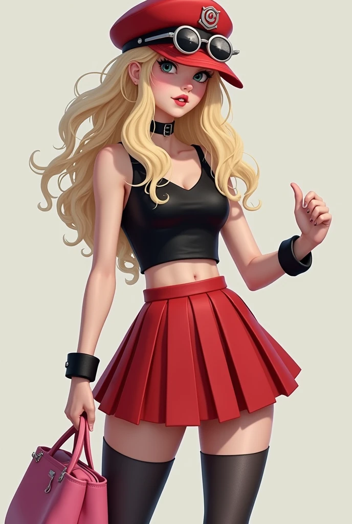 realistic image of a stylish young female character in a dynamic pose. She is wearing a black sleeveless top, which are shortened to expose her midriff. Her outfit includes a high-waisted, pleated red skirt that reaches just above mid-thigh, paired with dark gray thigh-high stockings. She has black sneakers with red accents. Accessories include a black bracelet on her right wrist, and a large pink handbag slung over her left shoulder. Her long, wavy blonde hair falls over her shoulders, and she is wearing a red hat with black and white detailing, including a pair of round sunglasses perched on top. The overall look is trendy and energetic.
