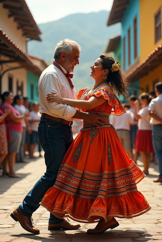 Two 50-year-old people dancing folklore in Colombian costumes