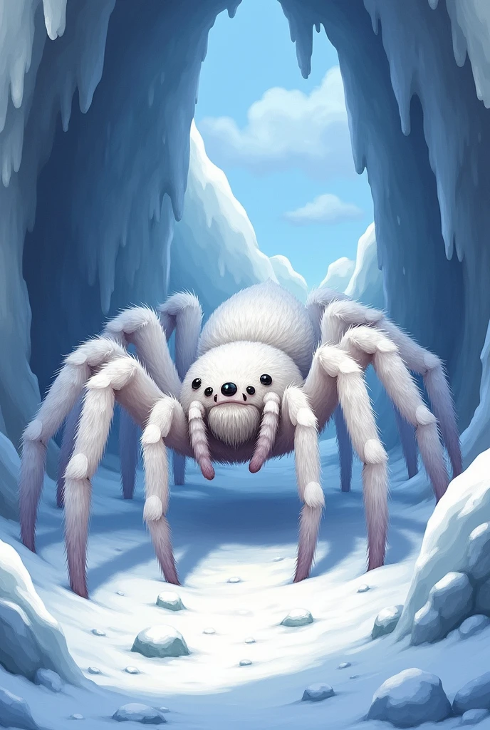 anime style, white spider in a snowy cave, detailed fur