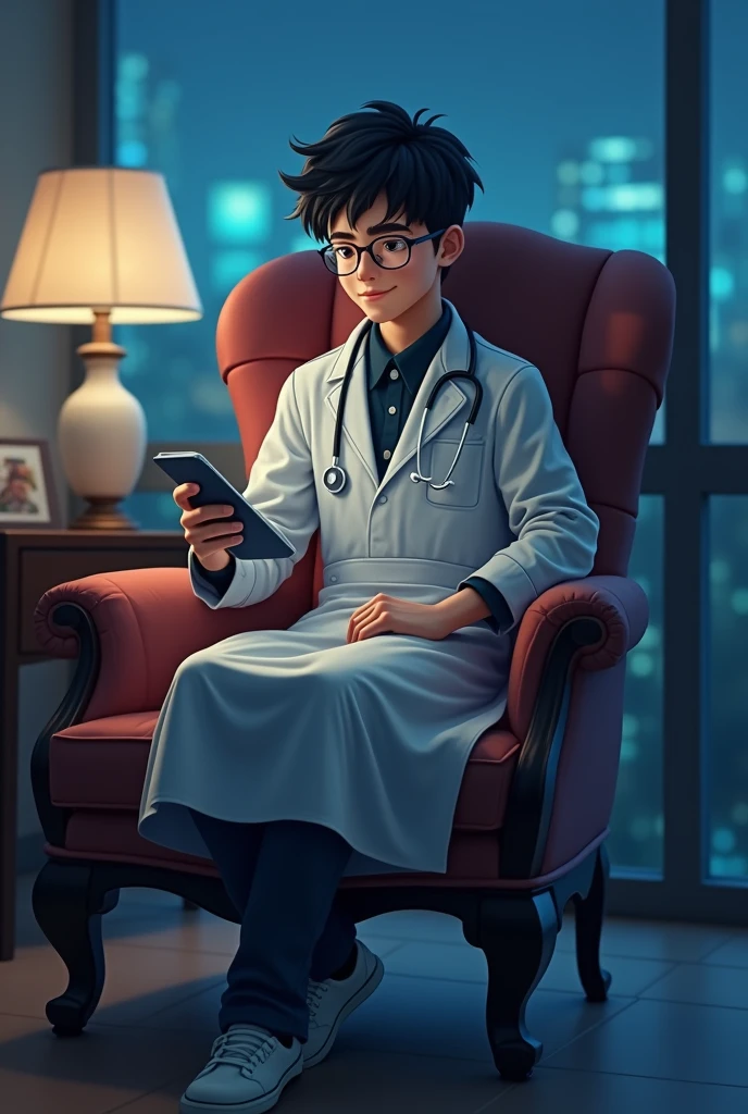 A cute handsome boy sitting on design chair wearing spectacles looking stethoscope wearing full hand apron with background night view of windows