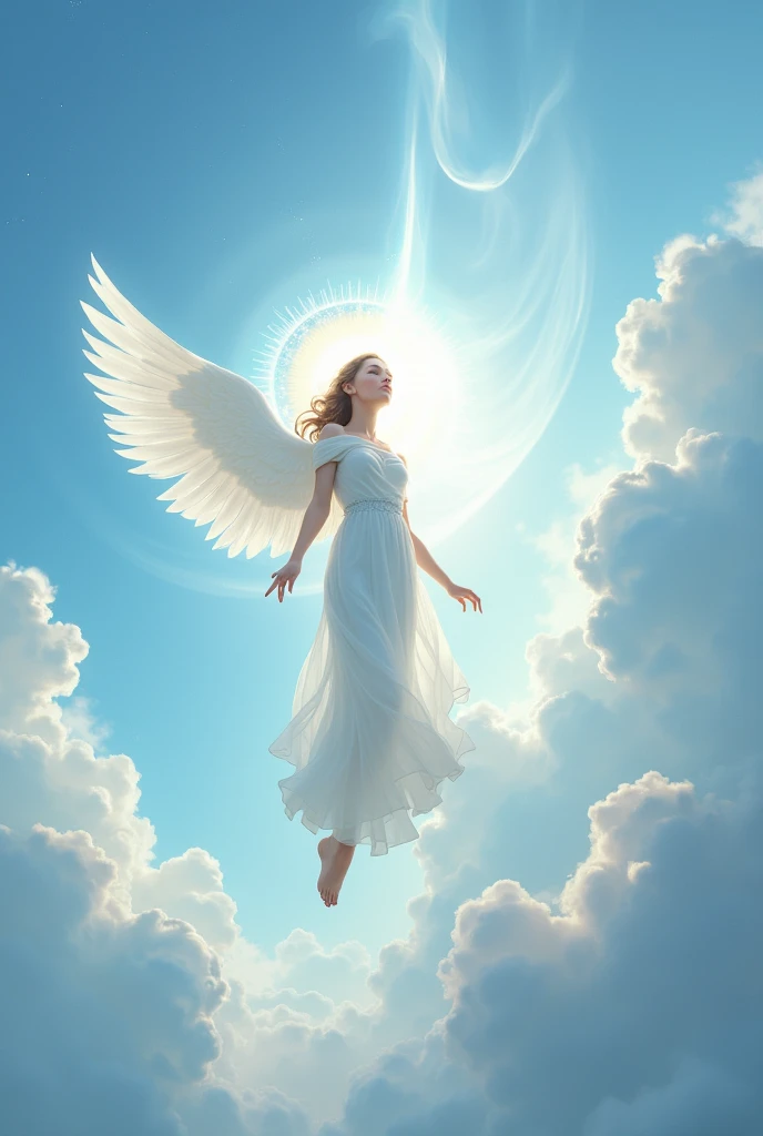 blue sky, with white clouds, and an animated angelic goddess