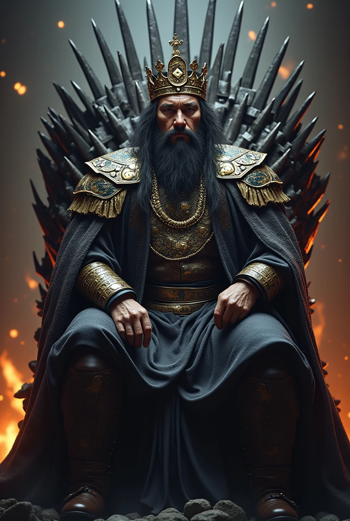 I need a picture of Genghis Khan with the royal crown sitting on the throne from Game of Thrones.