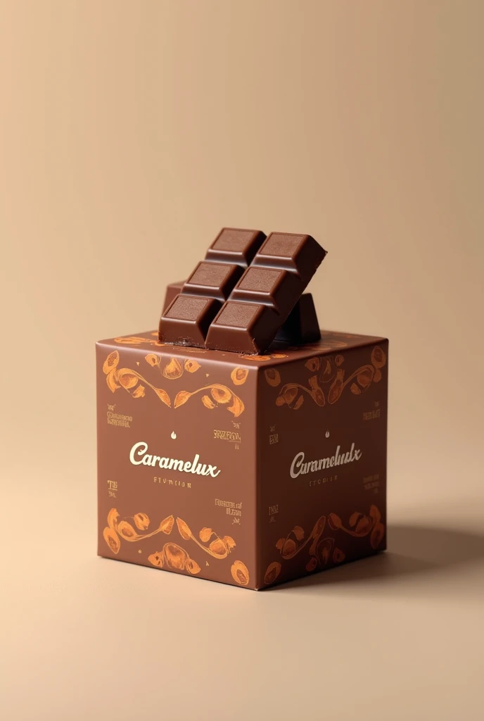 Create a packaging for my caramellux chocolate, an attractive packaging with the logo printed on it, a square with a chocolate bar on top, with the word chocolenda written on it. It is not a box, it is not a chocolate.