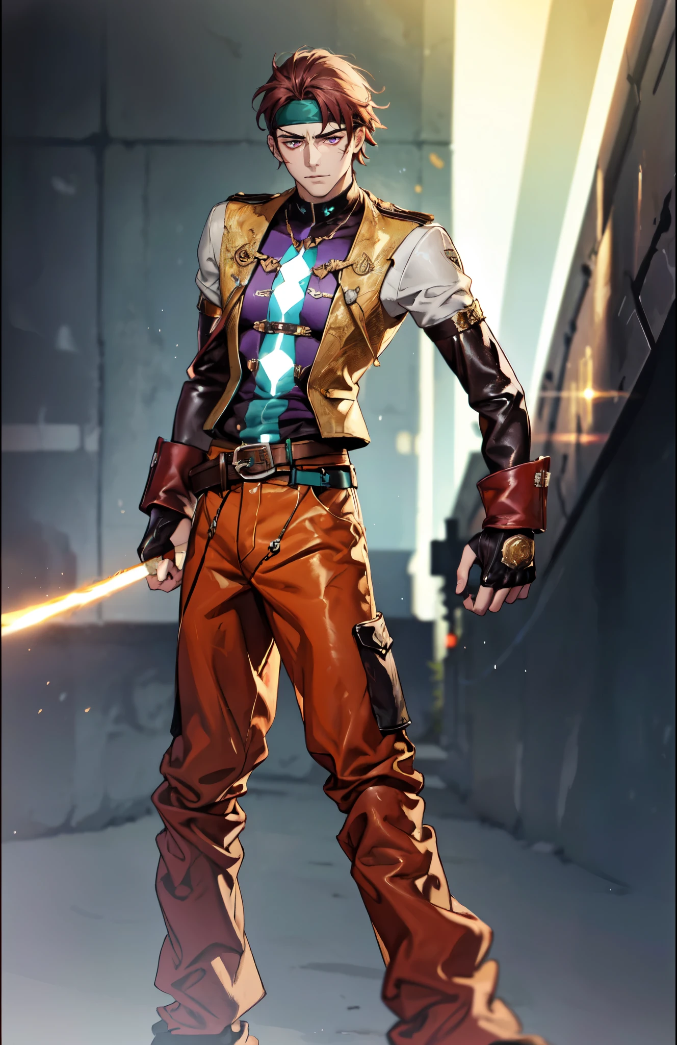 (masterpiece:1.2, best quality:1.2, extremely delicate:1.2), ((male:1.5)), a young man with short purple hair, side-parted bangs, wearing a headband, a long scar across the bridge of his nose, a determined gaze, a serious expression, a futuristic fantasy-style leather jacket featuring multiple ring designs, a belt with a large circular buckle, matching pants, leather fingerless gloves, green flames swirling around his hands, the background features a complex futuristic fantasy-style street, this character embodies a finely crafted futuristic fantasy-style street fighter in anime style, exquisite and mature manga art style, dramatic, high definition, highres, ultra-detailed, ultra-fine painting, professional, perfect body proportions, golden ratio, anatomically correct, symmetrical face, extremely detailed eyes and face, high quality eyes, creativity, RAW photo, UHD, 32k, Natural light, cinematic lighting, (masterpiece-anatomy-perfect:1.2)