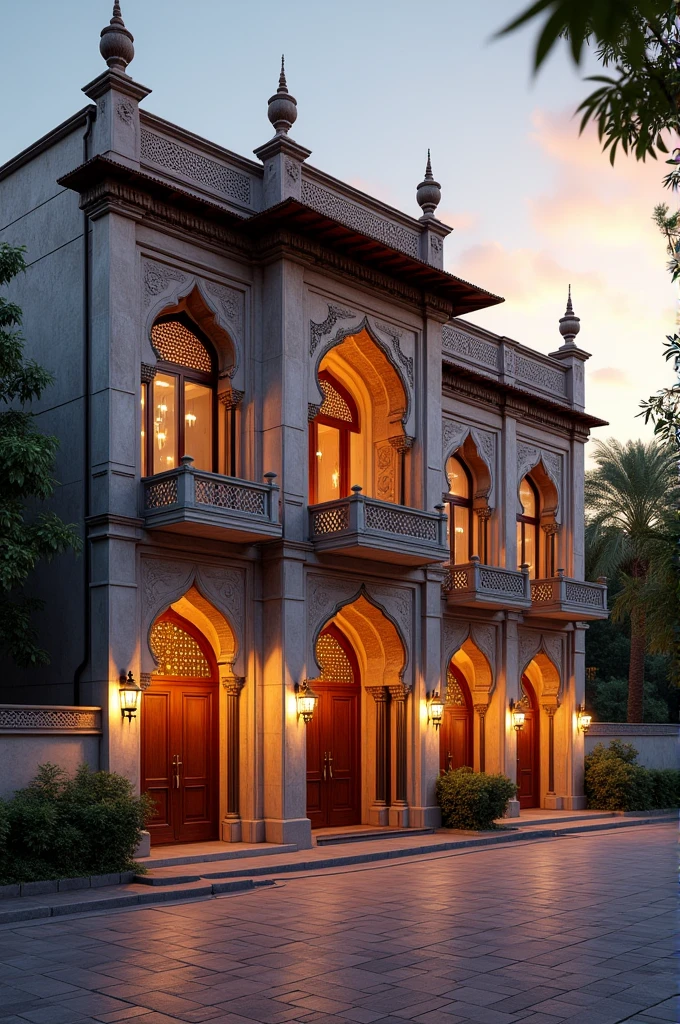 I want to create an evening street with three houses same front elevation. Style like mughal arvhtecture 30 feet front elevation