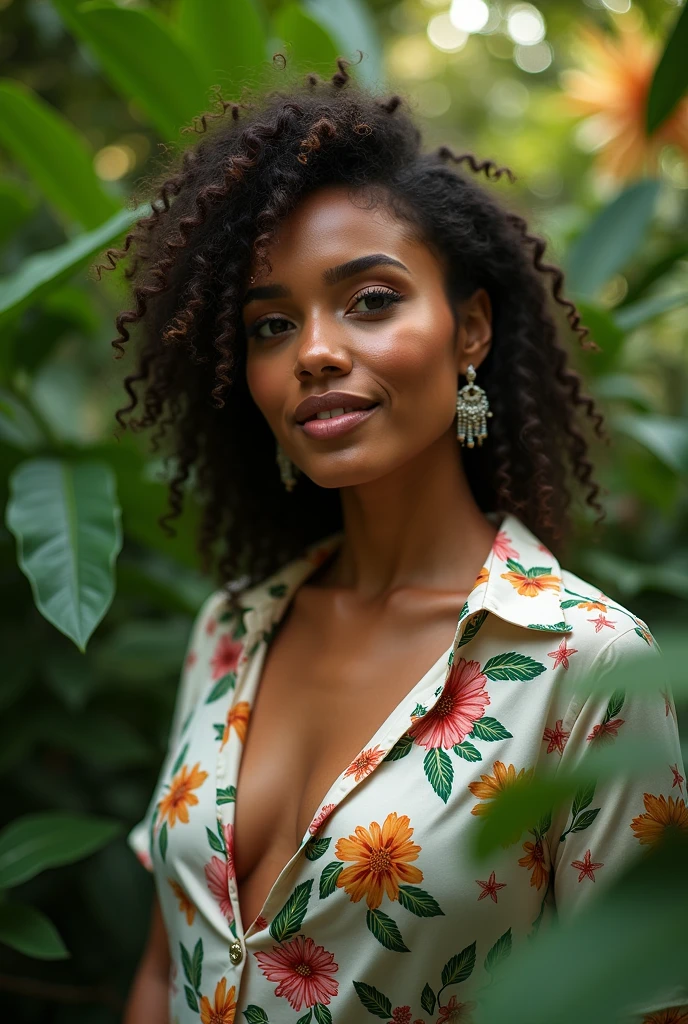 A Brazilian woman in a lush tropical garden, wearing an open shirt with a floral print, with a close-up capturing the harmonious beauty between her breasts and the natural flowers, showing off your natural charm and outgoing personality.