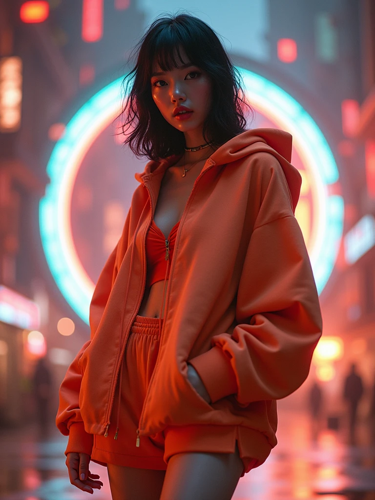 Masterpiece, 4K wallpaper, Masterpiece sci-fi ancient city, fantasy sci-fi, neon glow lights city, ( Subject ( 1girl, A cute japanese women with beautiful hair, wearing an youth stylist oversized hoodie fashion, yellow and black stylist fashion, jumper hoodie and short solid cotton trousers, the hoodie stylist masterpiece.))
( Pose (Relaxed, with dance pose, masterpiece. Medium breast.))
( Setting (ultra realistic, sci-fi theme, A mystic environment, ancient city of the past with neon glow lights and a glow light portal.))
( Face ( absolute detail of face masterpiece, detail skin pores masterpiece, oil skinny, beautiful japanese girl, detail of face.))
( Perfect human body, perfect human fingers)
( Lighting (Dramatic side lighting with a warm and cool light masterpiece, absolute face and body lighting teqnique, sunlit glow and light rays, masterpiece object lighting and detail.))
(detail of absolute futuristic fashion a masterpiece), rahnday style photography, the sense of photography), sea art infinity.)
( Style (Hyper-realistic, cinematic, with a focus on detail and texture, octan render 4K quality masterpiece.))
( Technical Specifications (Shot from a medium long shot, below-up perspective, with a Fujifilm XT-4 with Fujinon 50mm lens at f/1.2.))
(((Additional Notes)
( Focus on Key Elements (Emphasize the woman, her clothing, and the dramatic city backdrop.))
( Visual Effects (Include cinematic grains, falling glow particles, and a blurred background with white fog.))