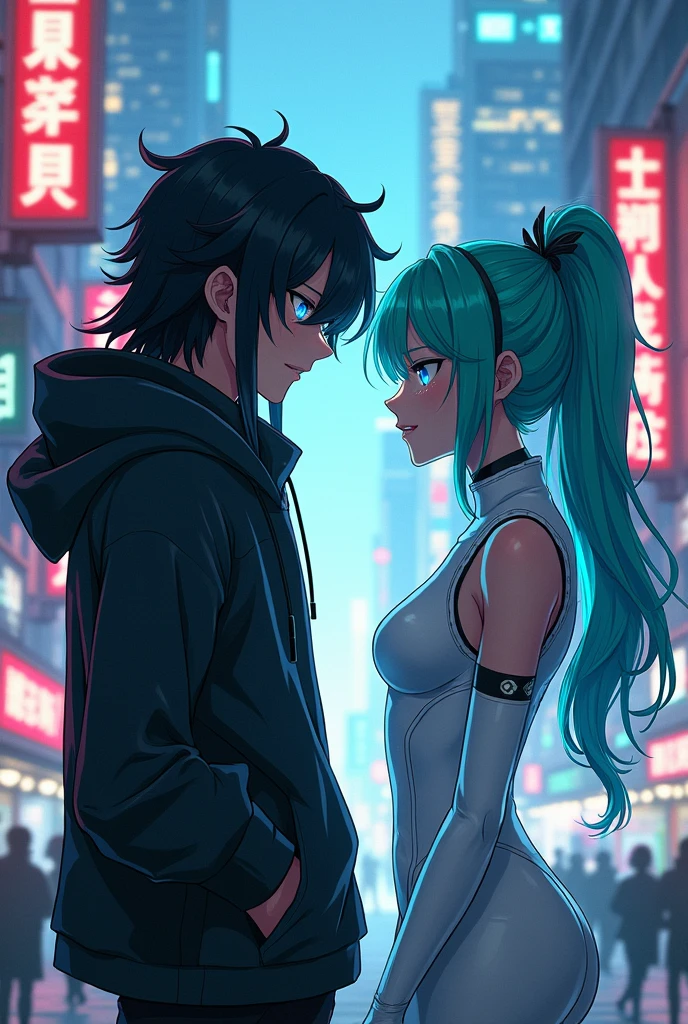 Generate me a anime 18years old boy with long black hair and a little glowing blue eyes with a hoodie in with a cyber girl with green-blue hair and wearing white cyberpunk suit in cyberpunk anime art style 