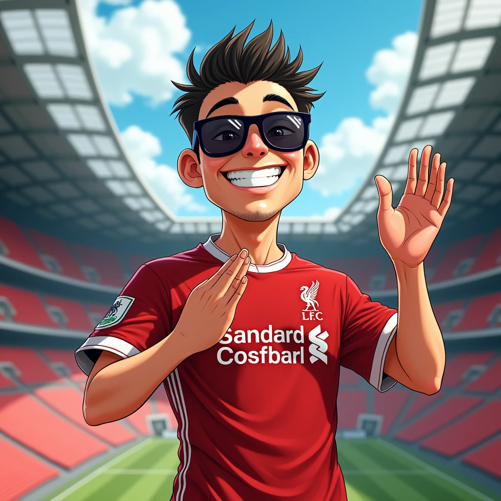 A man smiles in a manga style, bows in a Thai way and wears a Liverpool shirt, sunglasses, standing in a cartoon style. High-quality dynamic photo, detailed and colorful. Realistic and colorful poses, the background is Andfield Stadium.
