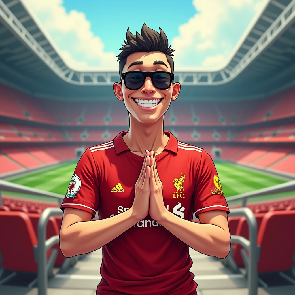 A man smiles in a manga style, bows in a Thai way and wears a Liverpool shirt, sunglasses, standing in a cartoon style. High-quality dynamic photo, detailed and colorful. Realistic and colorful poses, the background is Andfield Stadium.