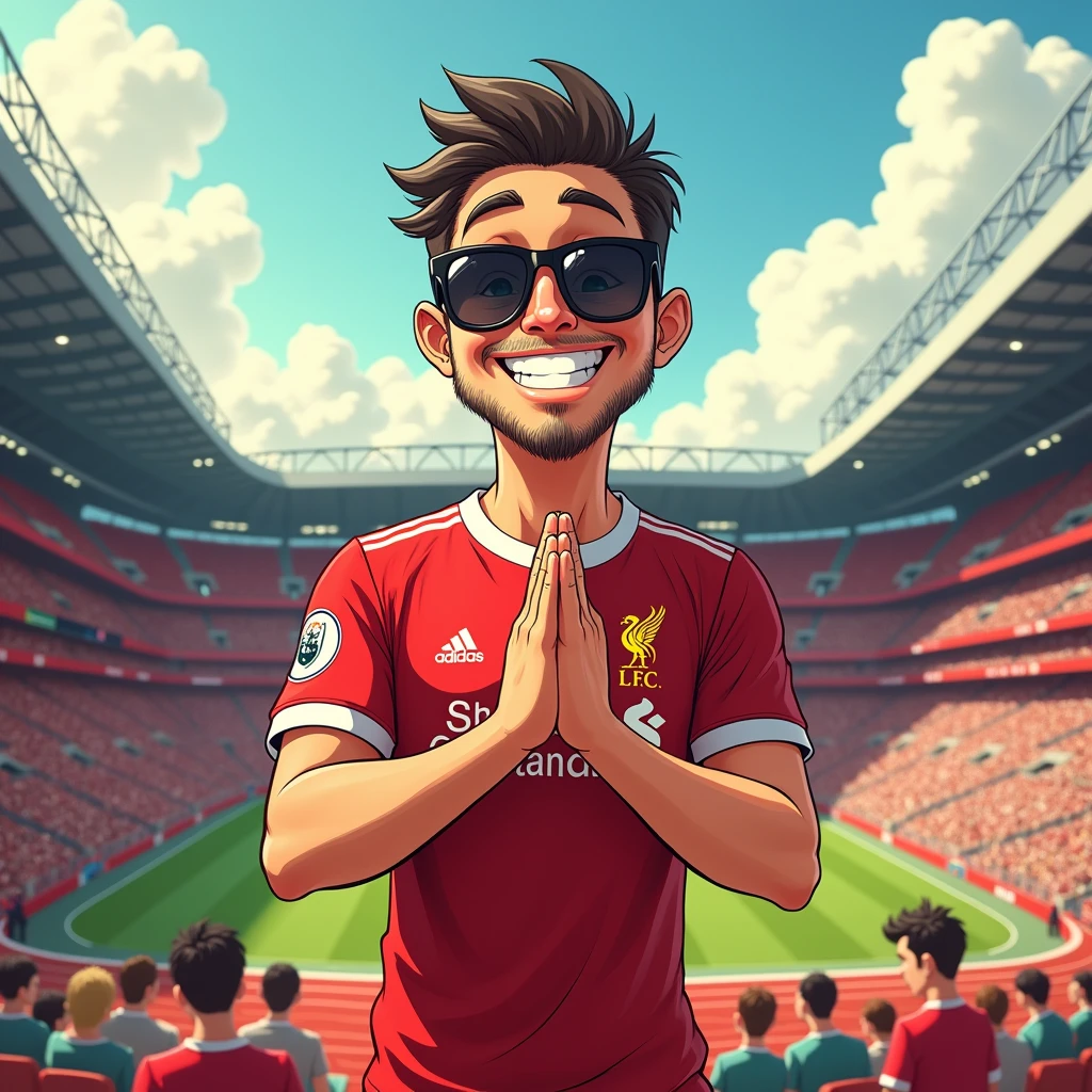 A man smiles in a manga style, bows in a Thai way and wears a Liverpool shirt, sunglasses, standing in a cartoon style. High-quality dynamic photo, detailed and colorful. Realistic and colorful poses, the background is Andfield Stadium.