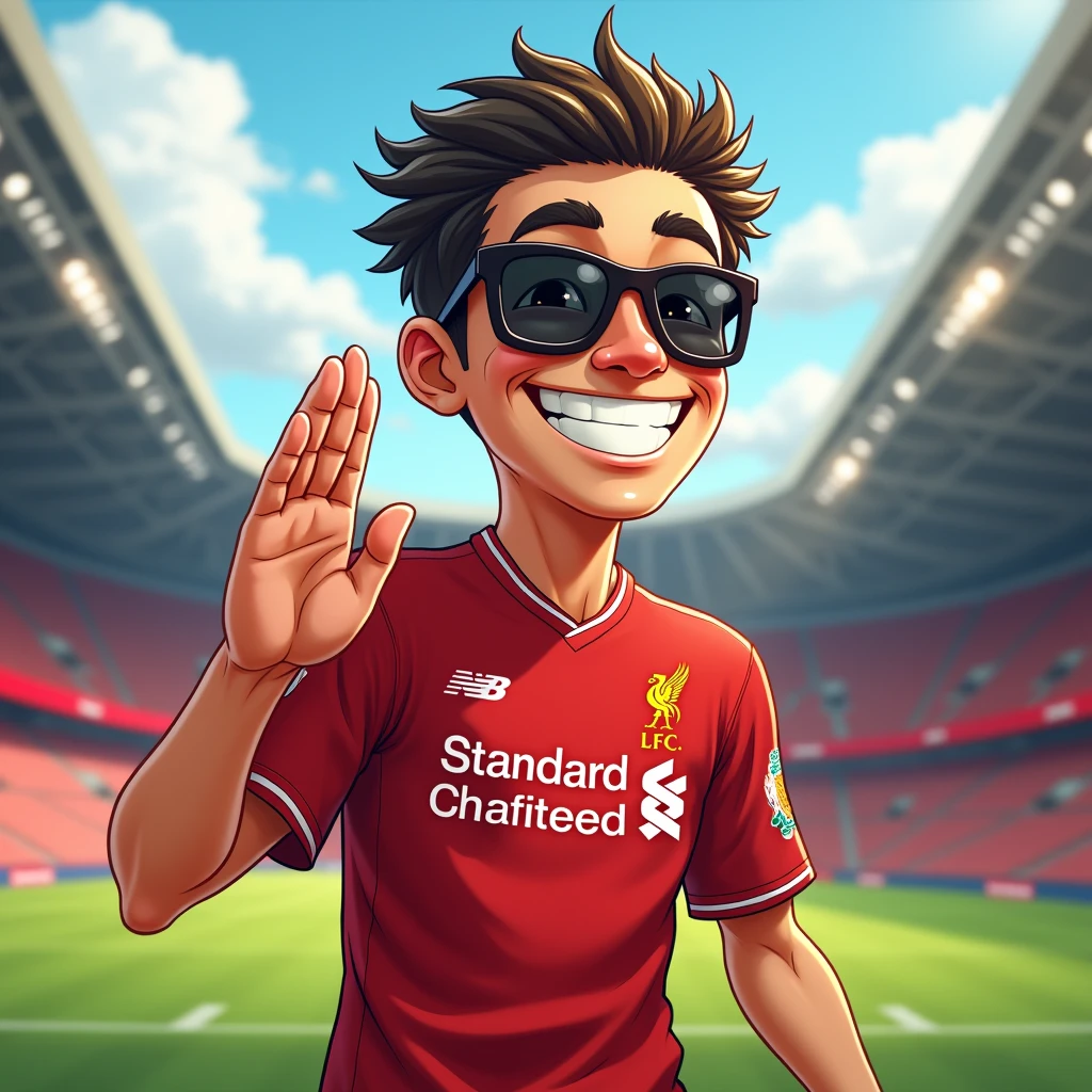 A man smiles in a manga style, bows in a Thai way and wears a Liverpool shirt, sunglasses, standing in a cartoon style. High-quality dynamic photo, detailed and colorful. Realistic and colorful poses, the background is Andfield Stadium.