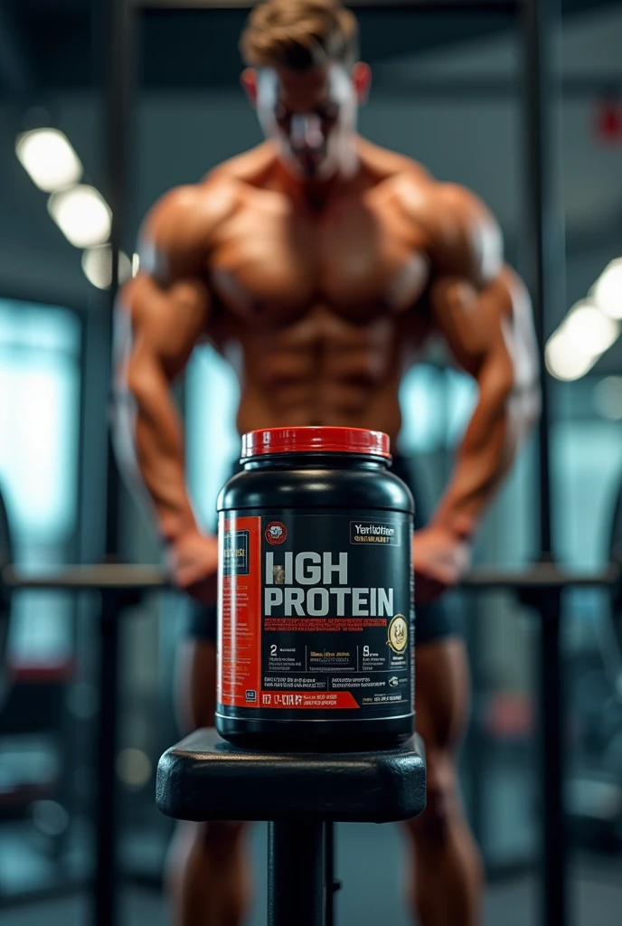 300g protein pot on top of a bodybuilding equipment with a strong man behind with blurred image