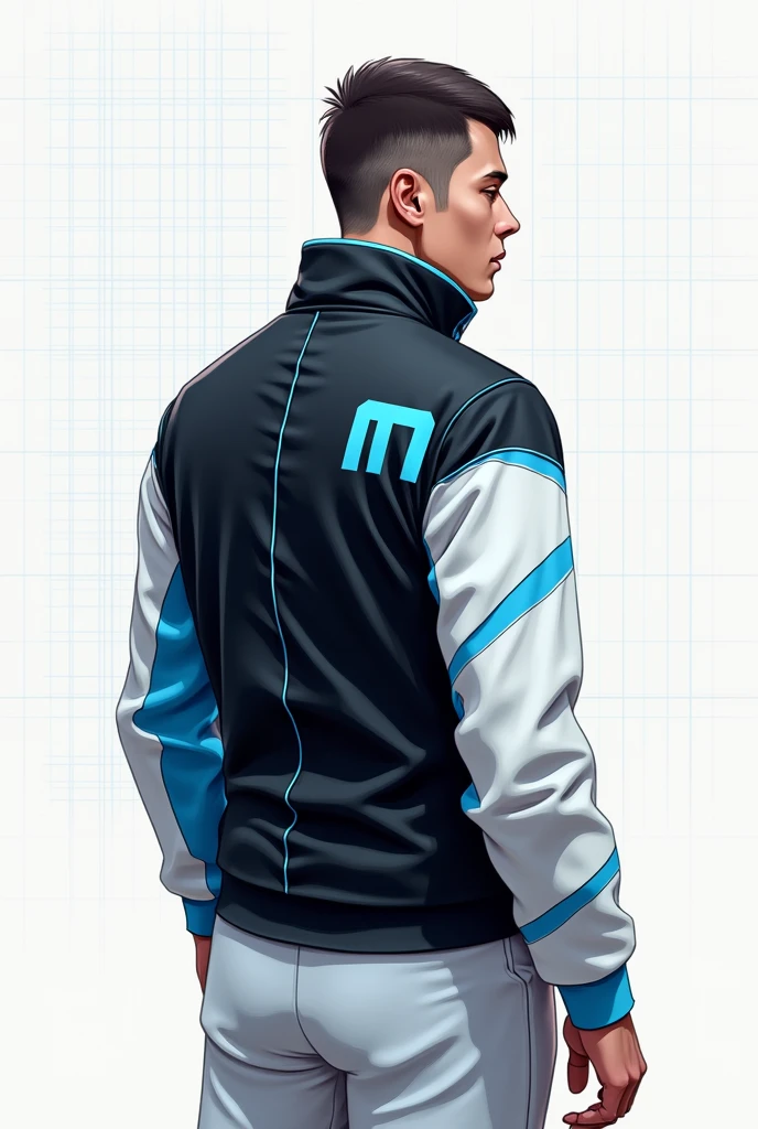 Design a conceptual illustration of a futuristic jacket using a flat, grid-based layout. The jacket should have a structured, high collar, and a color scheme dominated by black with blue and white accents. Make the right sleeve completely white with subtle blue lines, and place the letter 'M' on the shoulder. The design should feature front and back views, depicted in a clean, schematic style, with a focus on geometry, precision, and clarity. Avoid photorealism, emphasizing a technical, draft-like aesthetic