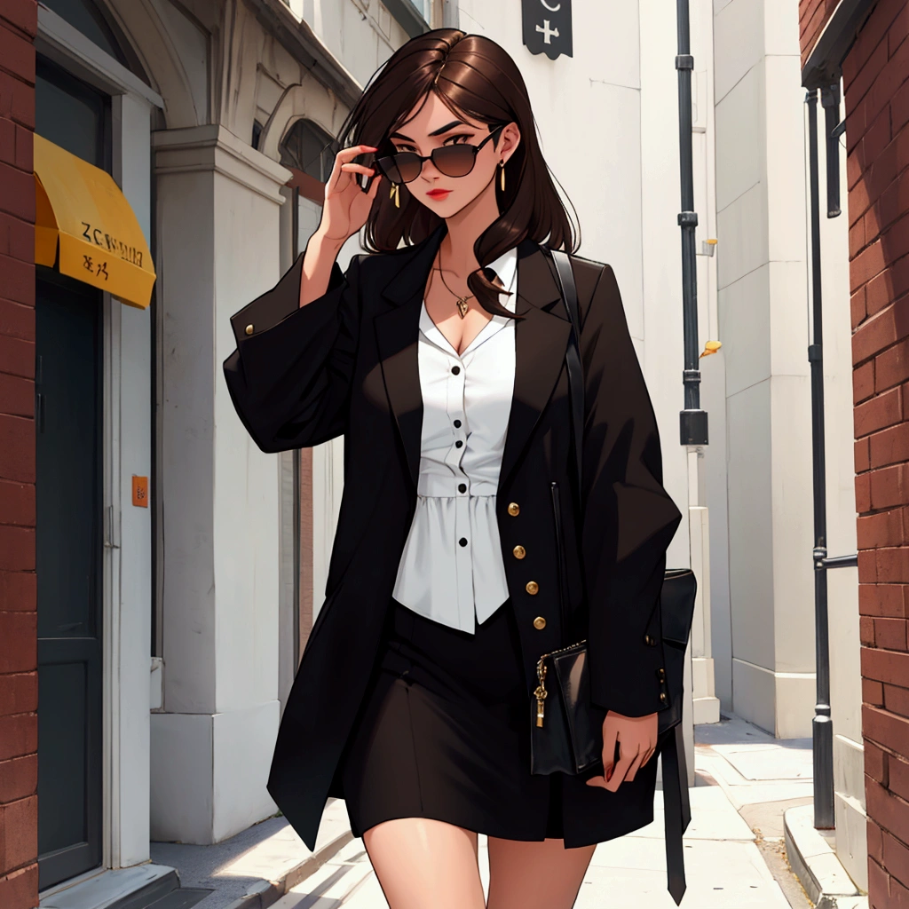 Young woman with dark brown hair, to wear black sunglasses
