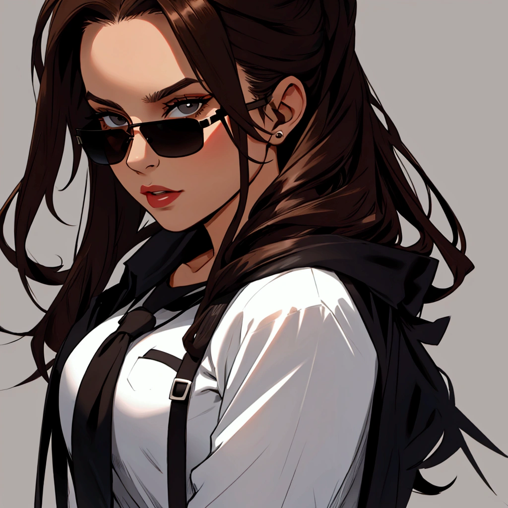 Young woman with dark brown hair, to wear black sunglasses