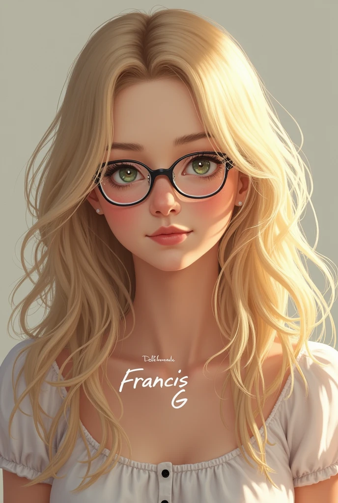 Short blonde woman with glasses, very long hair and a text where her name appears called Francis G