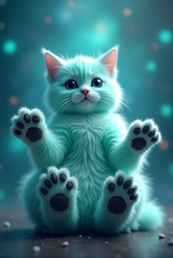 create a turquoise cat, realisitic, fluffly, he has his paws in front, leaning on the image, zoom na pata, the cat's face is blurred, the cat is behind, blurred in the background, nblurry background, gato fluffly, glad, super realisitic, high realism, the background is turquoise galaxy showing its paws to the viewer, paw art, perfect paw, cat cushions, turquoise galaxy background with stars