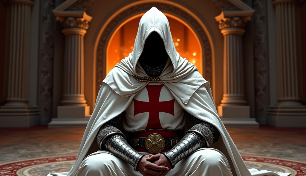 a Templar knight with a white cloak, a white hood leaving his face dark and a red cross on his chest, with a somber appearance, sitting facing forward, resting on the fireplace inside a luxurious castle, high quality, realistic art, incredible lighting, illustration, luminous light: 1.1, perfect shading, full body
