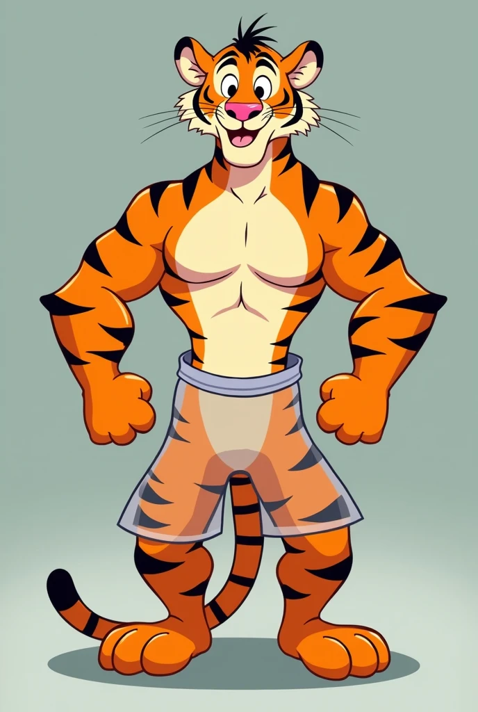 Disney style male tiger wearing transparent shiny high rise shorts with slits down hipsflat colored simple lines no gradient